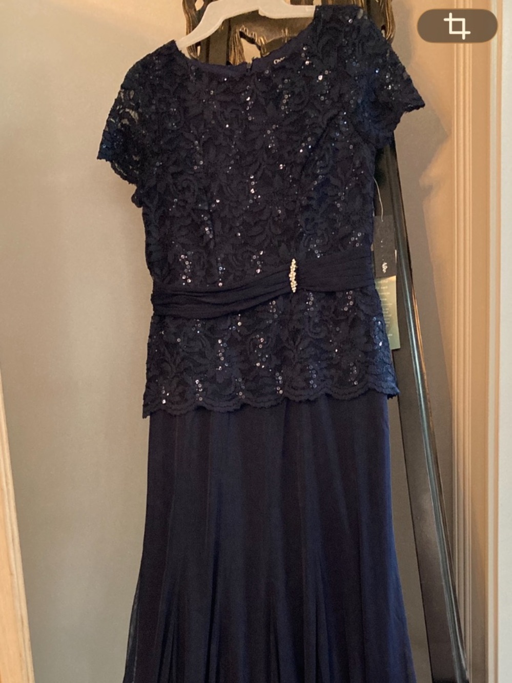 Elegant Navy Lace & Sequin Evening Dress with Waist Detail